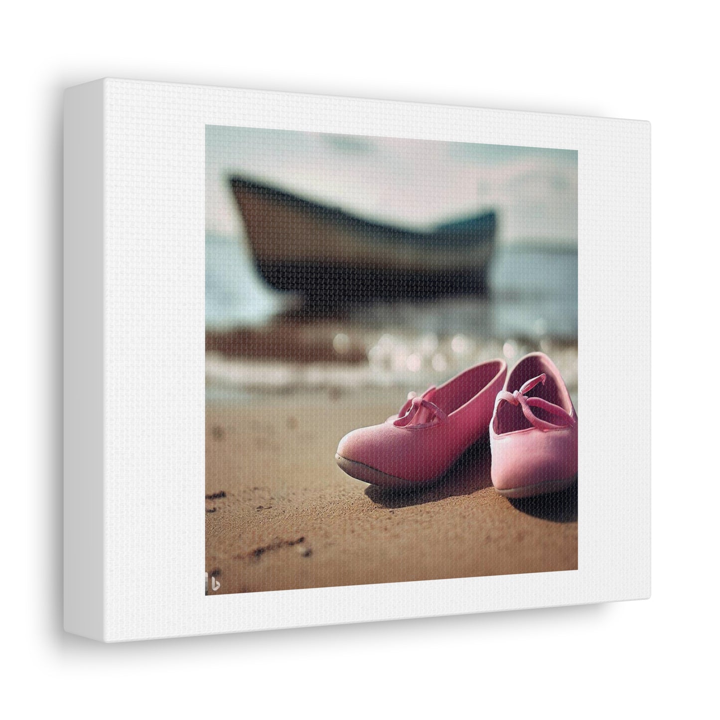 Pair Of Pink Shoes On a Beach With a Boat Photorealism 'Designed by AI' Art Print on Canvas