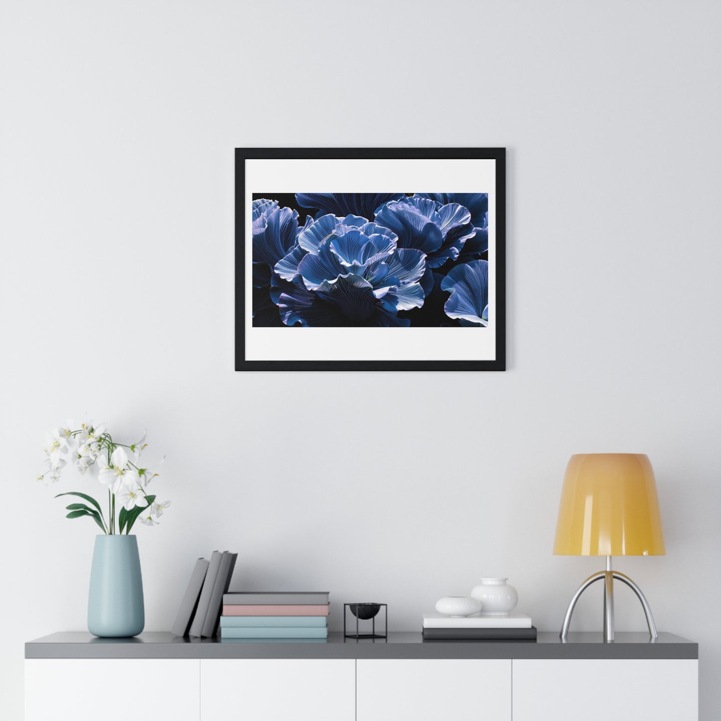 Iris Petals, Blue Vibrant Art 'Designed by AI' Framed Print