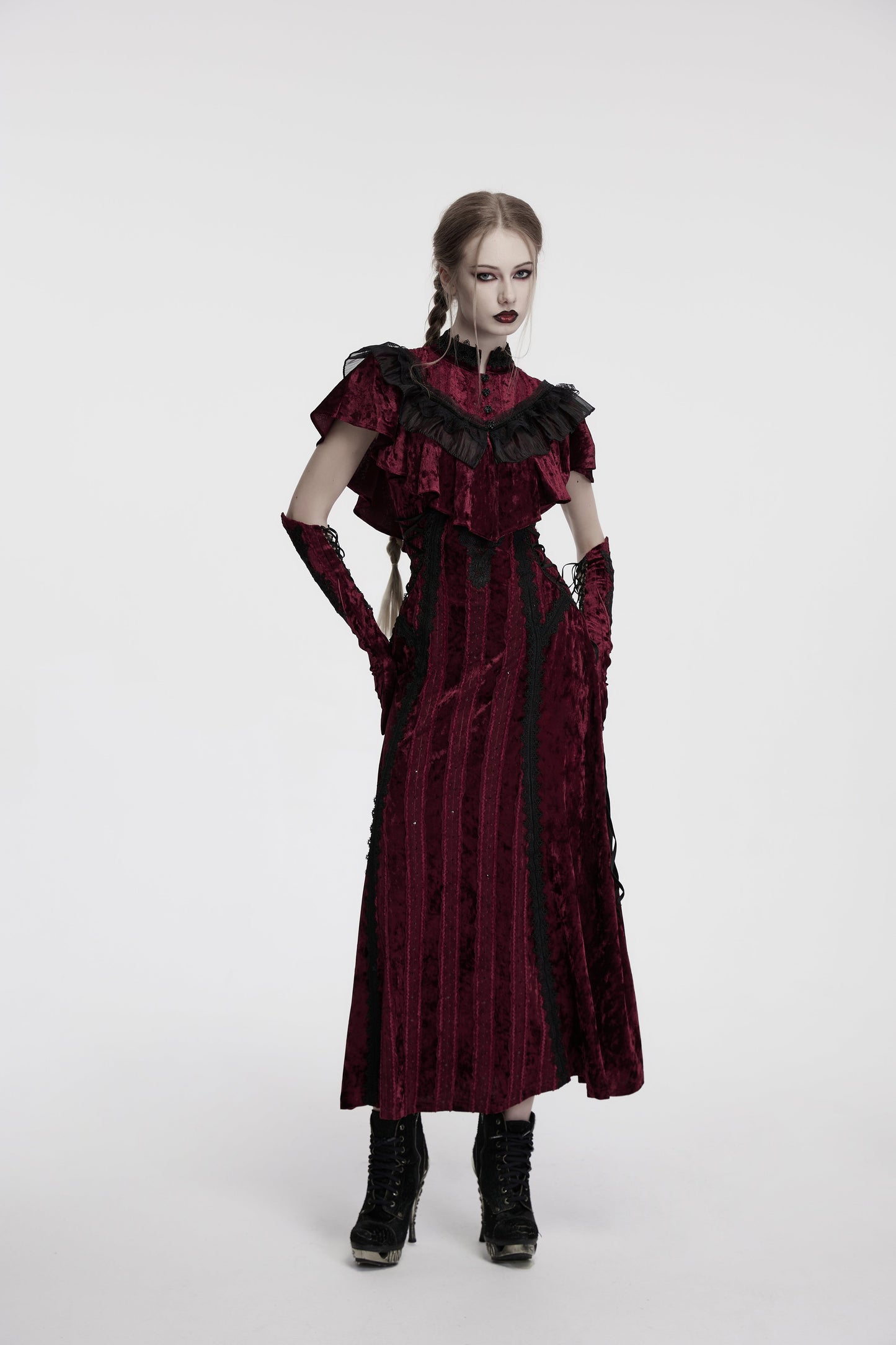 Punk Rave Elysia Velvet Ruffle Goth Shawl in Crimson