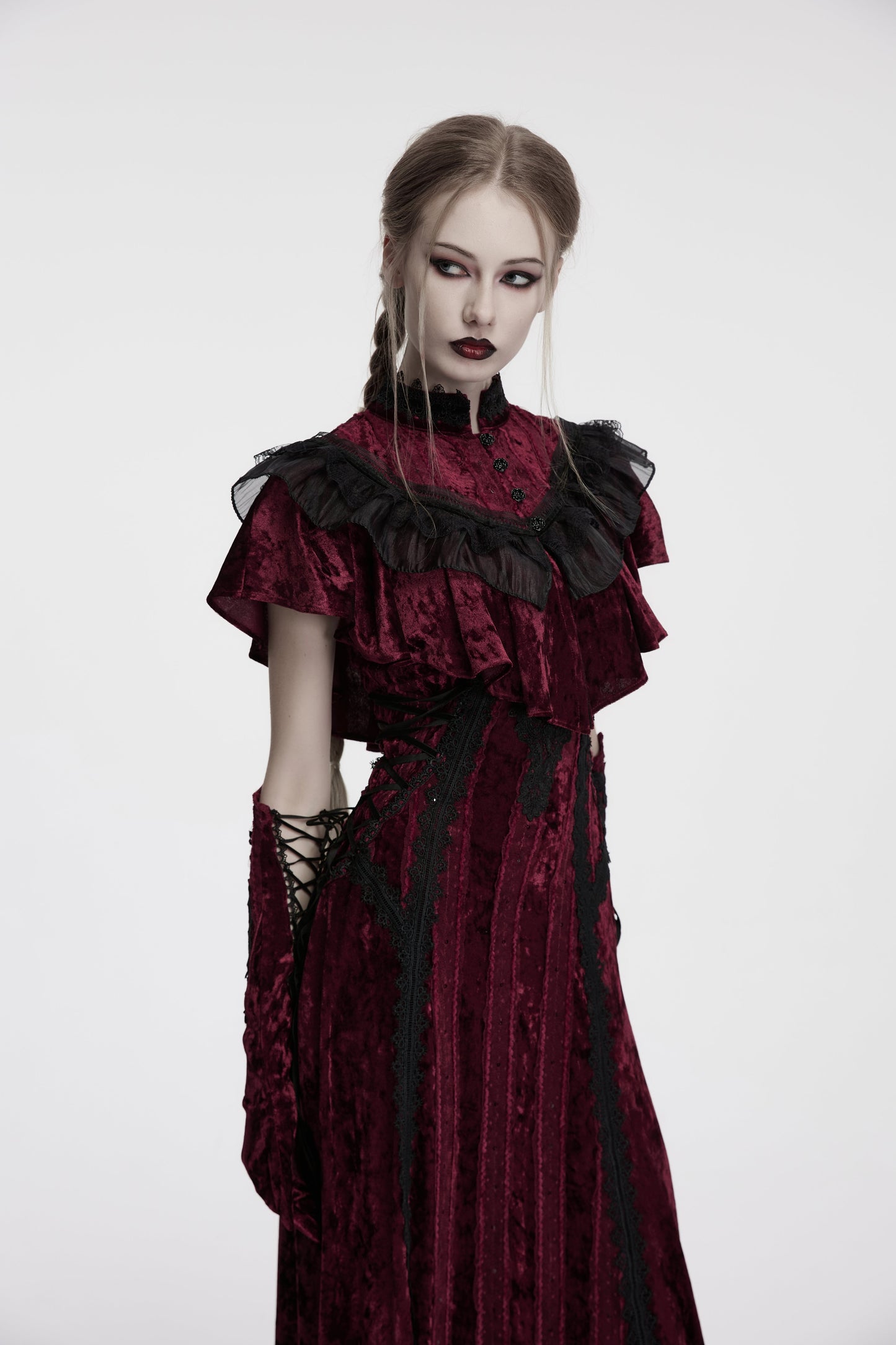Punk Rave Elysia Velvet Ruffle Goth Shawl in Crimson