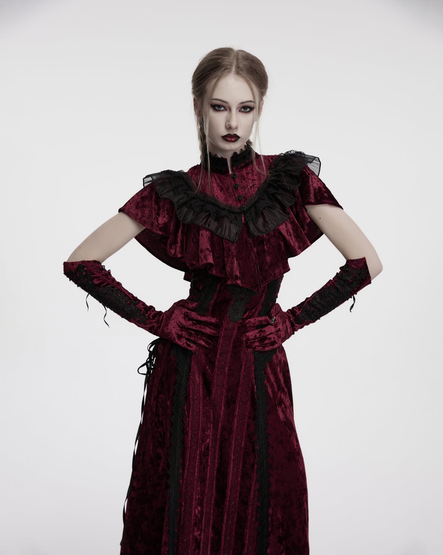 Punk Rave Selene Embroidered Velvet Gloves in Crimson