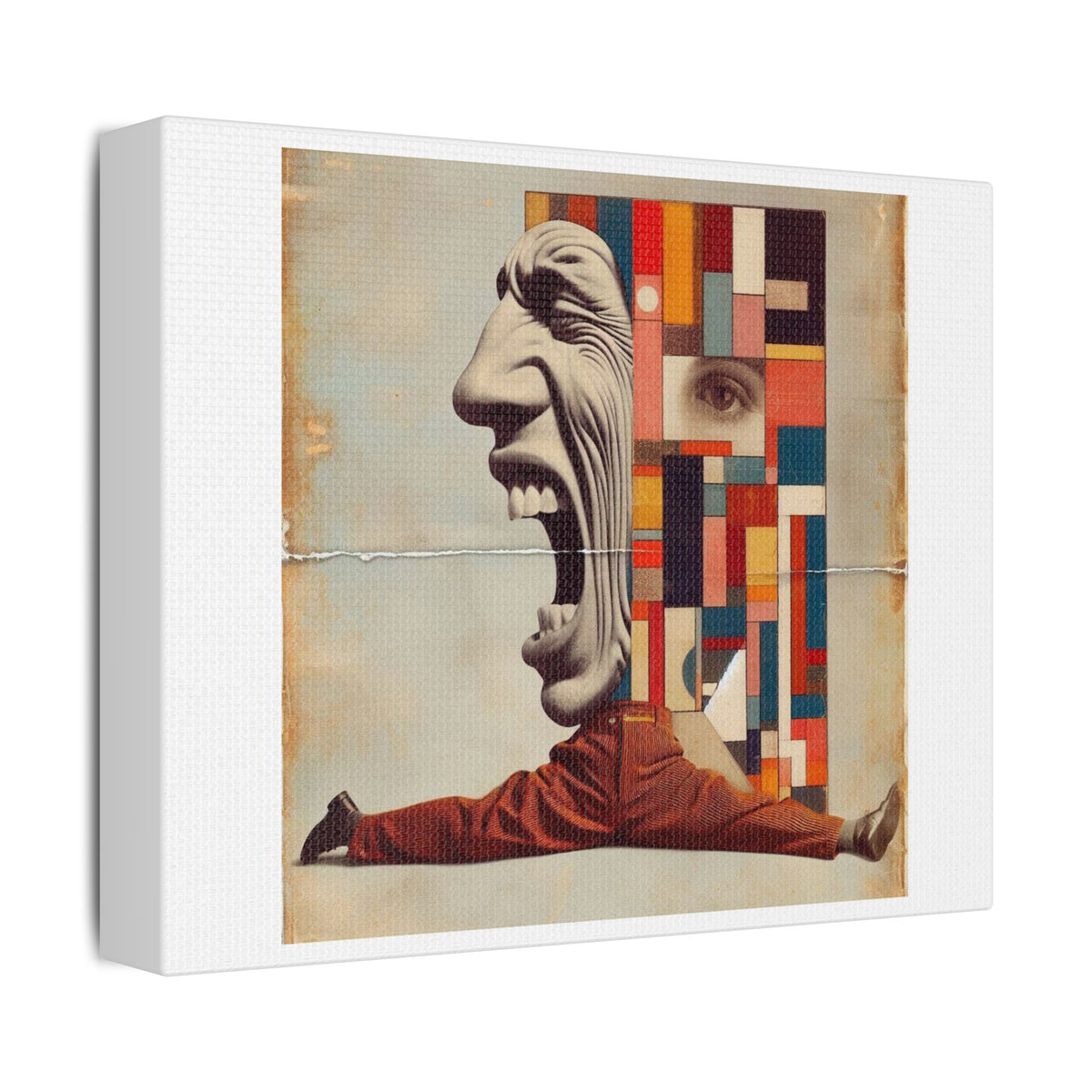 Stretched Canvas Wall Art: Surreal Geometric Face and Acrobat Collage