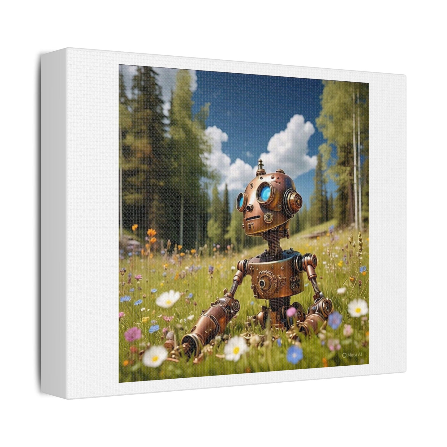 Adorable Robot Exploring a Spring Meadow 'Designed by AI', Art Print on Canvas