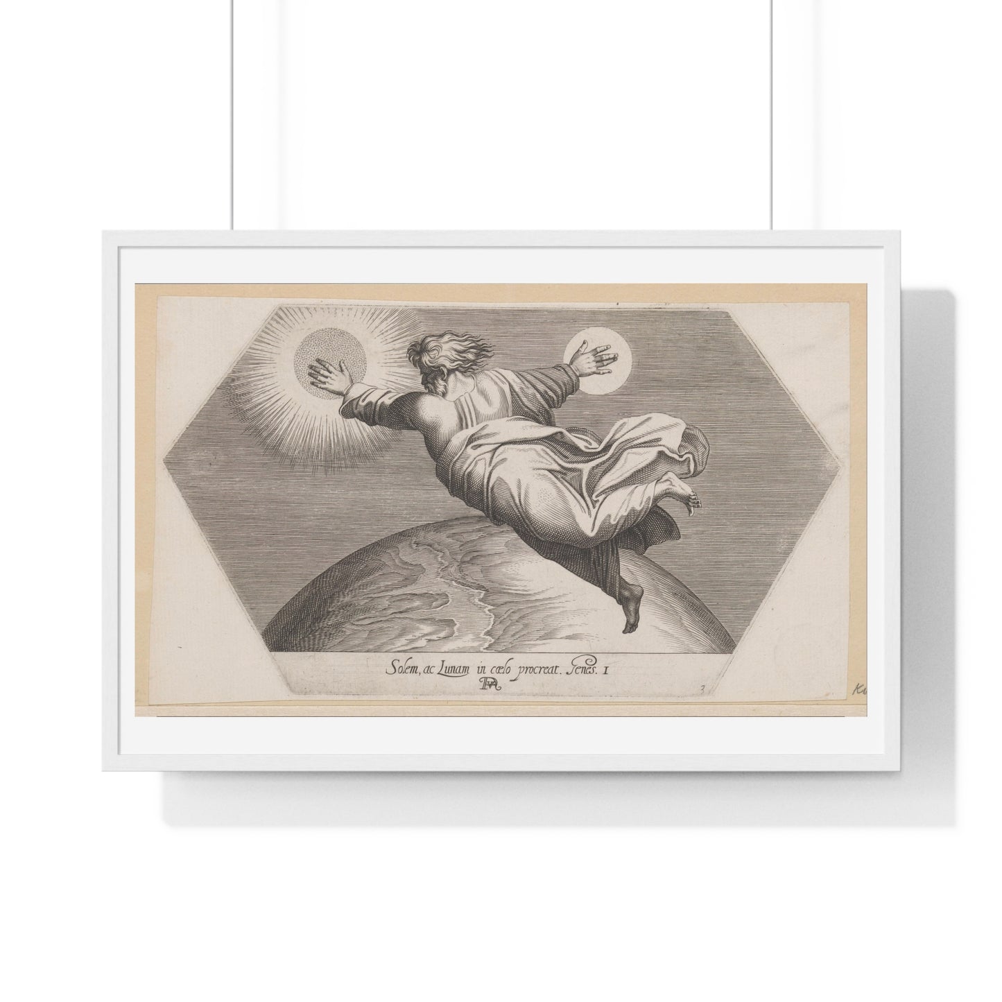 God Schept de Zon en de Maan (1626) by Francesco Villamena and Rafaël, from the Original, Framed Art Print
