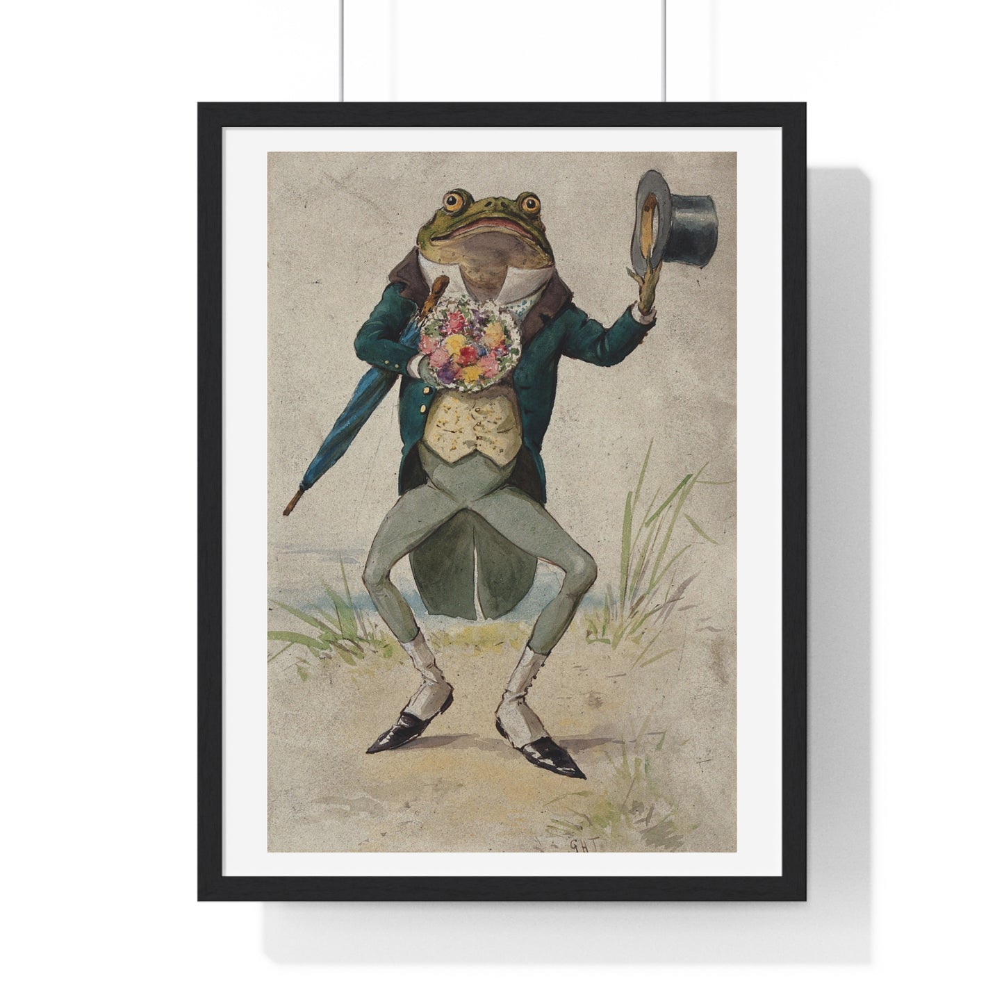 A Toad in Morning Dress, Holding an Umbrella and a Bunch of Flowers, by G Hope Tait (1900) from the Original, Framed Print