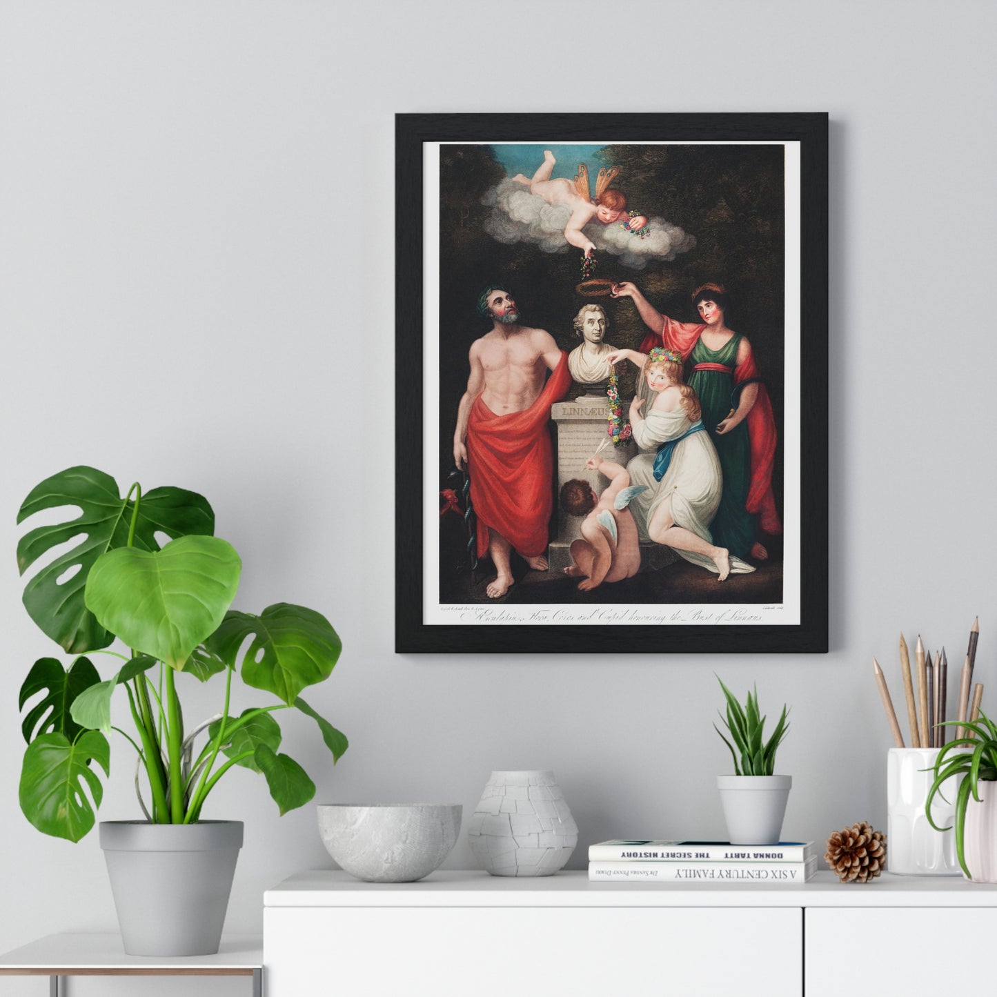 Flora, Aesculapius, Ceres, with Cupid, Honouring the Bust of Linnaeus from The Temple of Flora (1807) by Robert John Thornton, from the Original, Framed Art Print