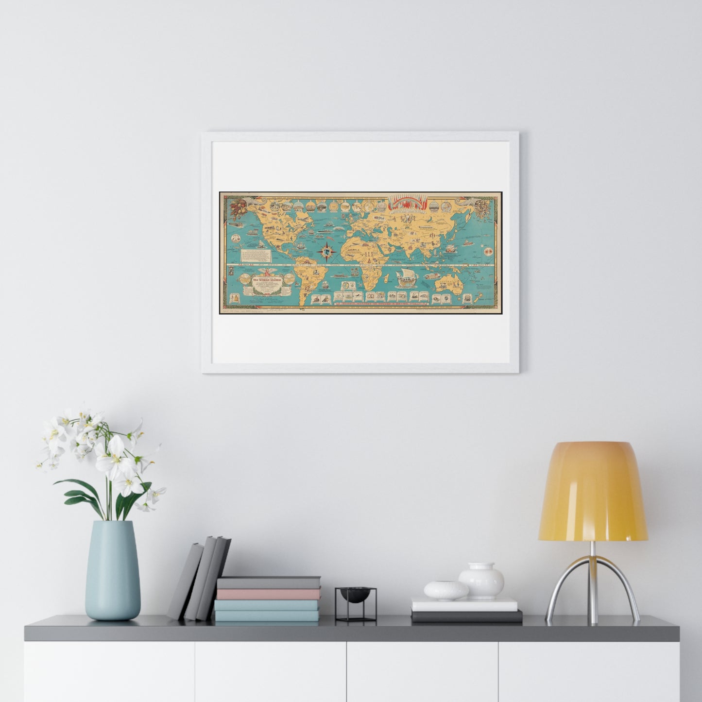 Mercator Map of the World United: A Pictorial History of Transport and Communications and Paths to Permanent Peace (1944), from the Original, Framed Art Print