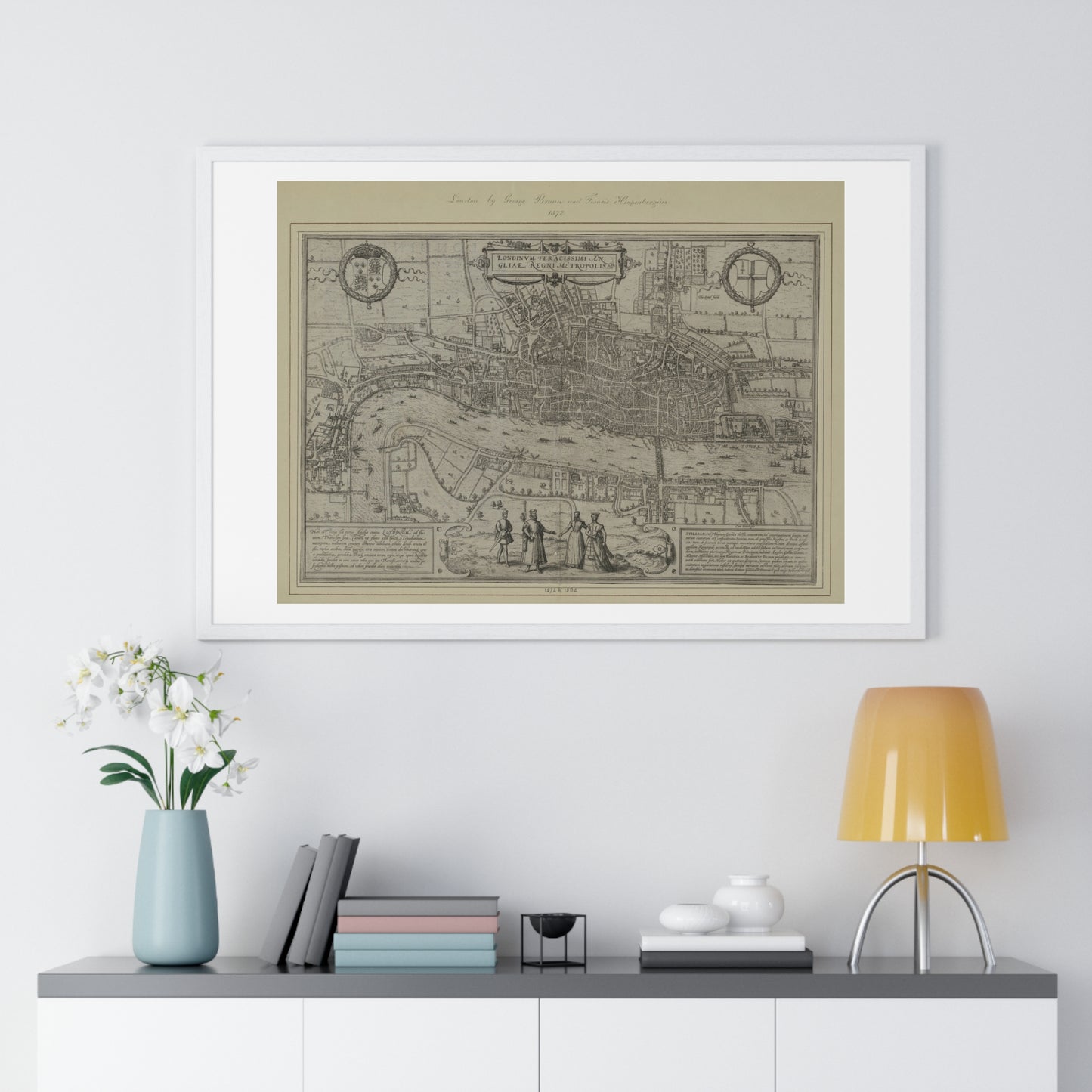 Tudor Antique Map of London (1572) 'Londinum Feracissimi Angliae Regni Metropolis' from the Original, Framed Print