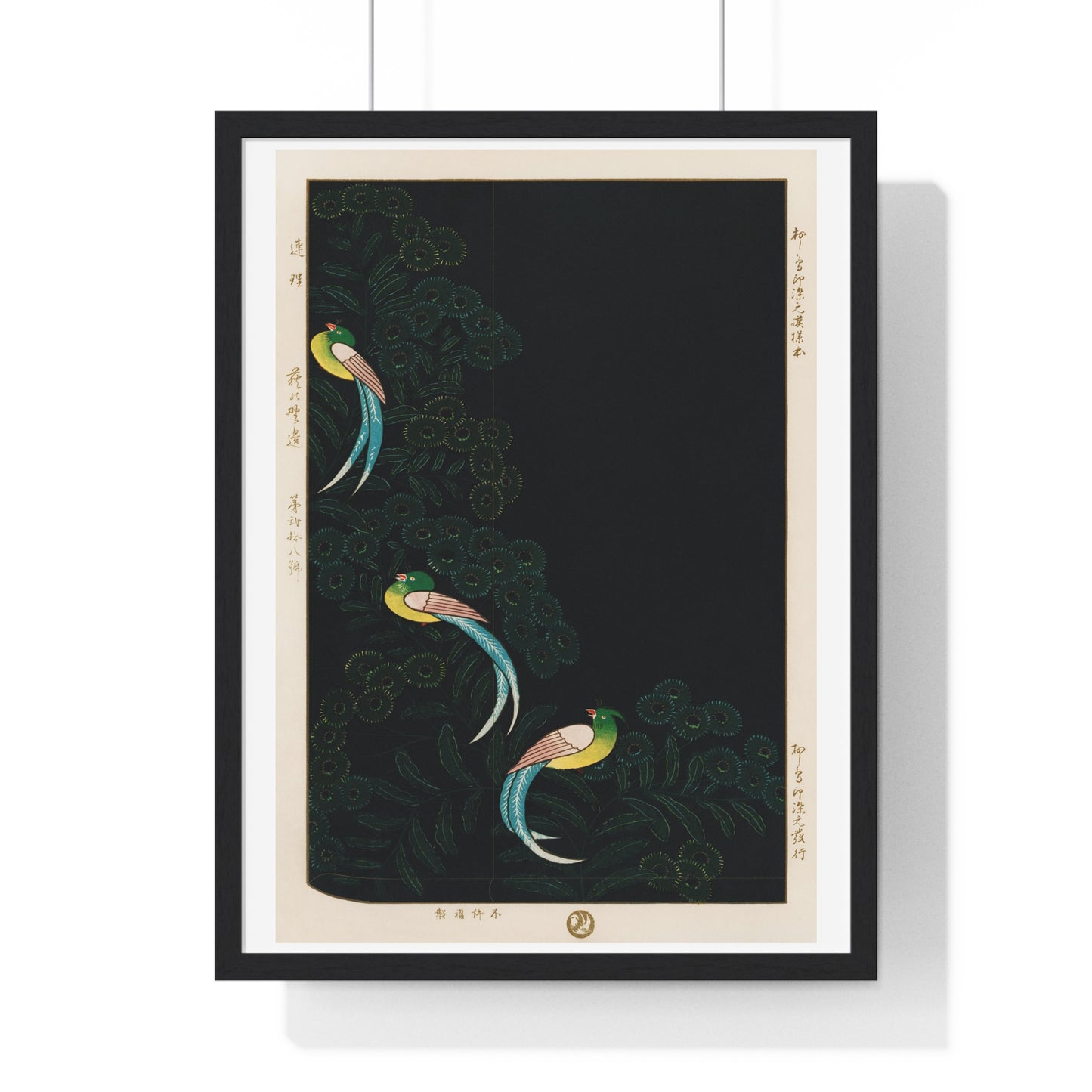 Traditional Illustration Lithograph of Kimono Design, Three Colourful Birds in a Black Background, from the Original, Framed Art Print