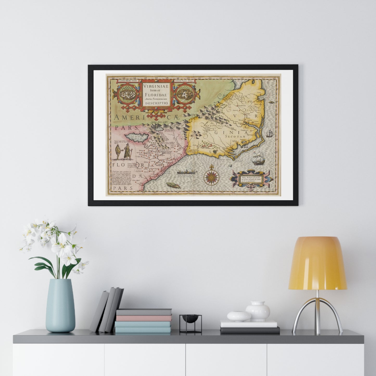 Historic Map of the American South: Virginia Item et Floridae (1606) by Gerardus Mercator and Jocodus Hondius, Framed Print