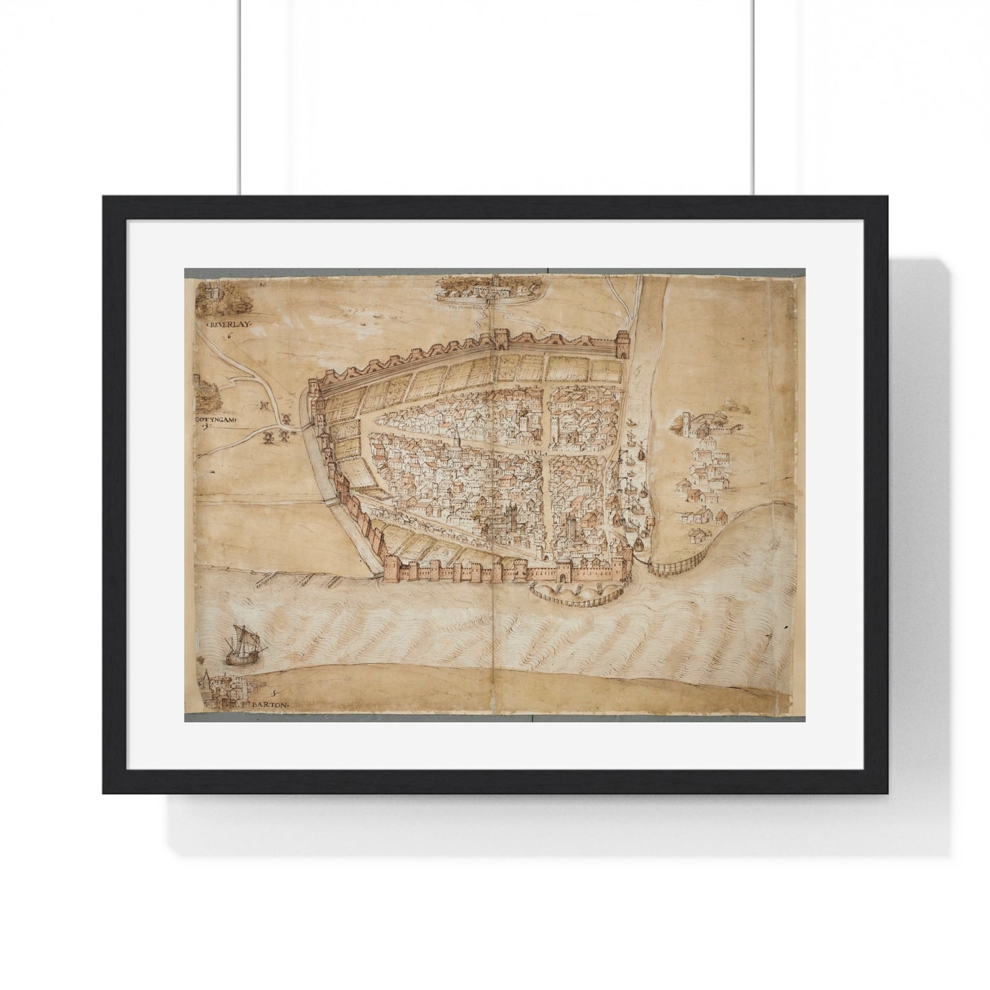 Antique Map of the City of Hull (circa 1539) from the Original Manuscript, Framed Print