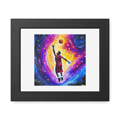 Peinture expressive d'un joueur de basket-ball représenté comme une explosion d'une nébuleuse 'Conçu par AI' Poster encadré en bois sur papier mat classique