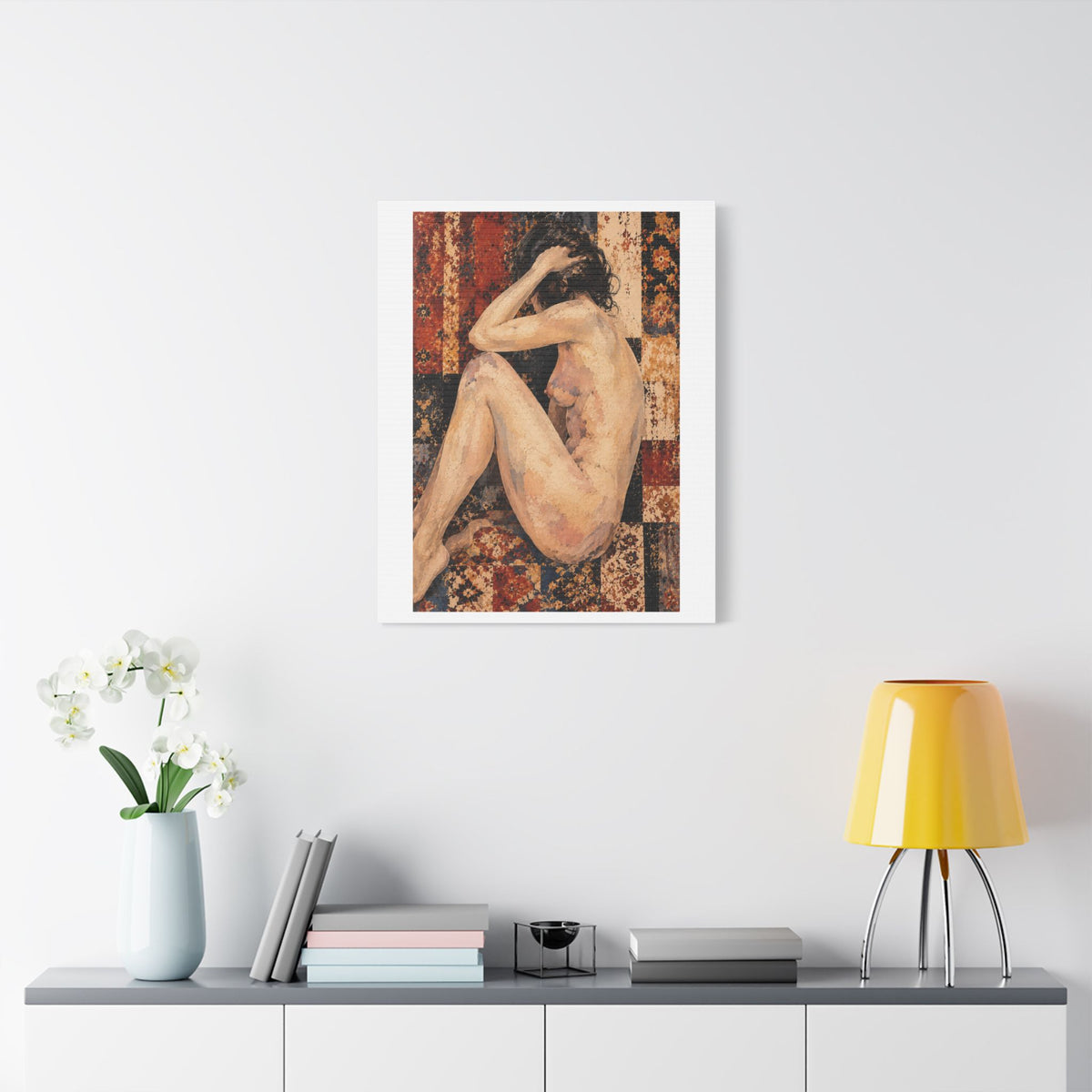 Textured Contemplative Figure Against Ornate Tapestry, Art Print on Satin Canvas, Stretched