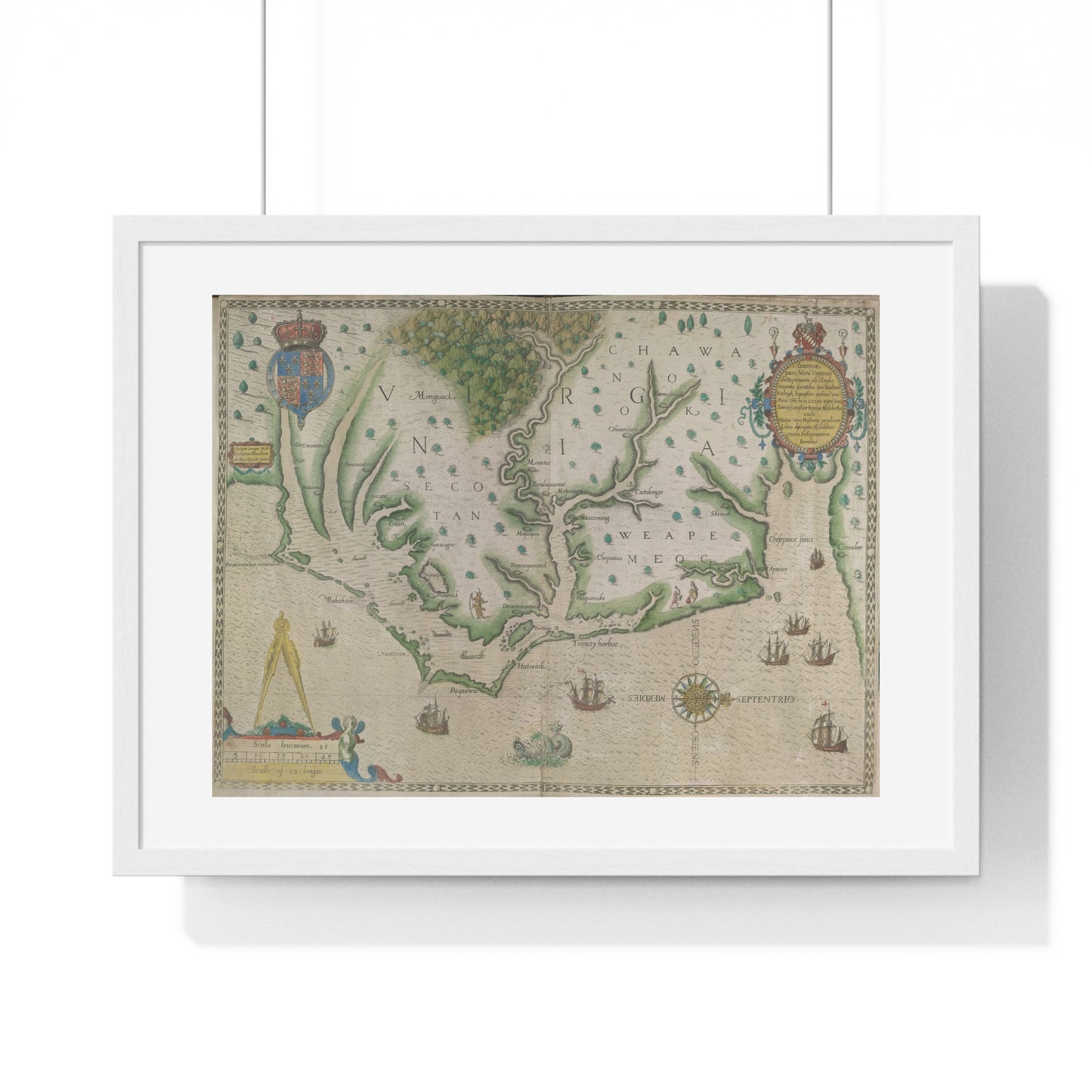 Engraved Map of Virginia (1618) Showing the Arrival of Sir Walter Raleigh's Expedition, from the Original, Framed Print