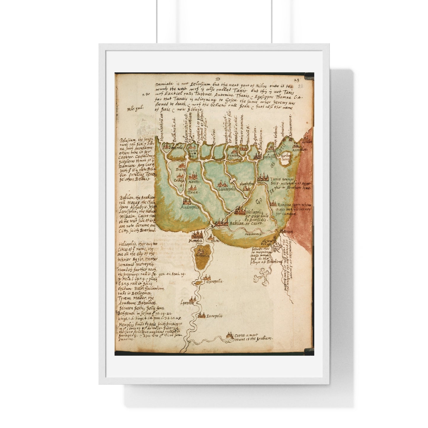 Antique Map of Lower Egypt (circa 1607) from the Original Sir Walter Raleigh Manuscript, Framed Print