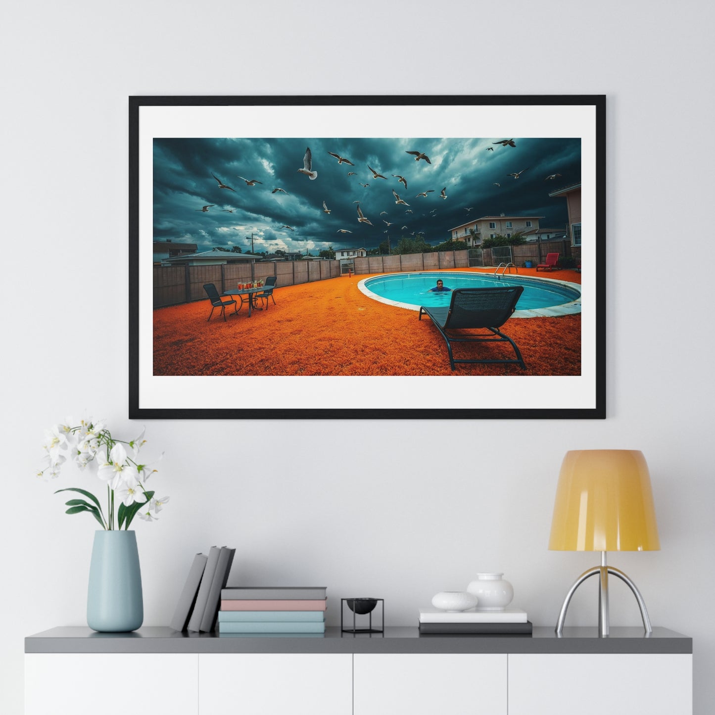 Dystopian Pool Scene Photorealistic Art Style 'Designed by AI' Framed Print