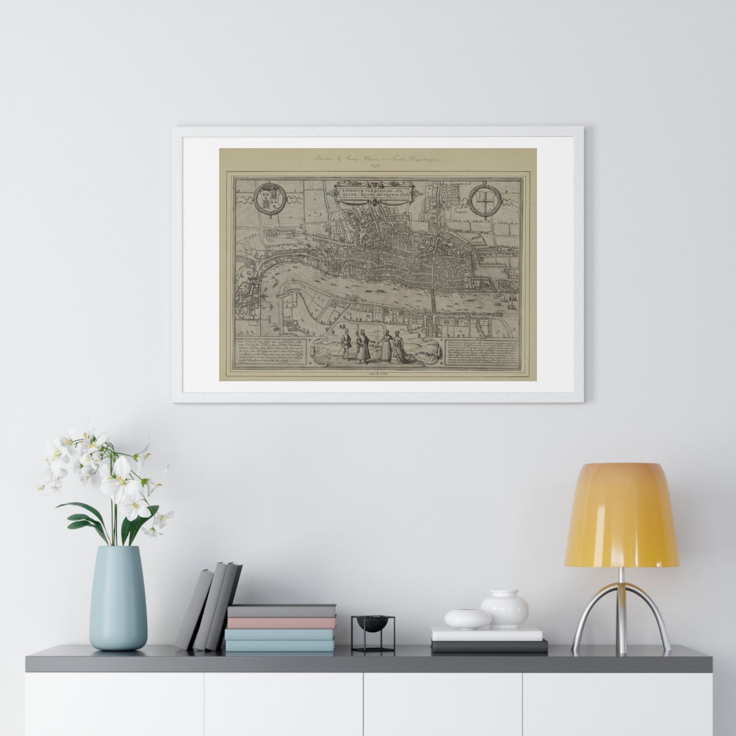Tudor Antique Map of London (1572) 'Londinum Feracissimi Angliae Regni Metropolis' from the Original, Framed Print