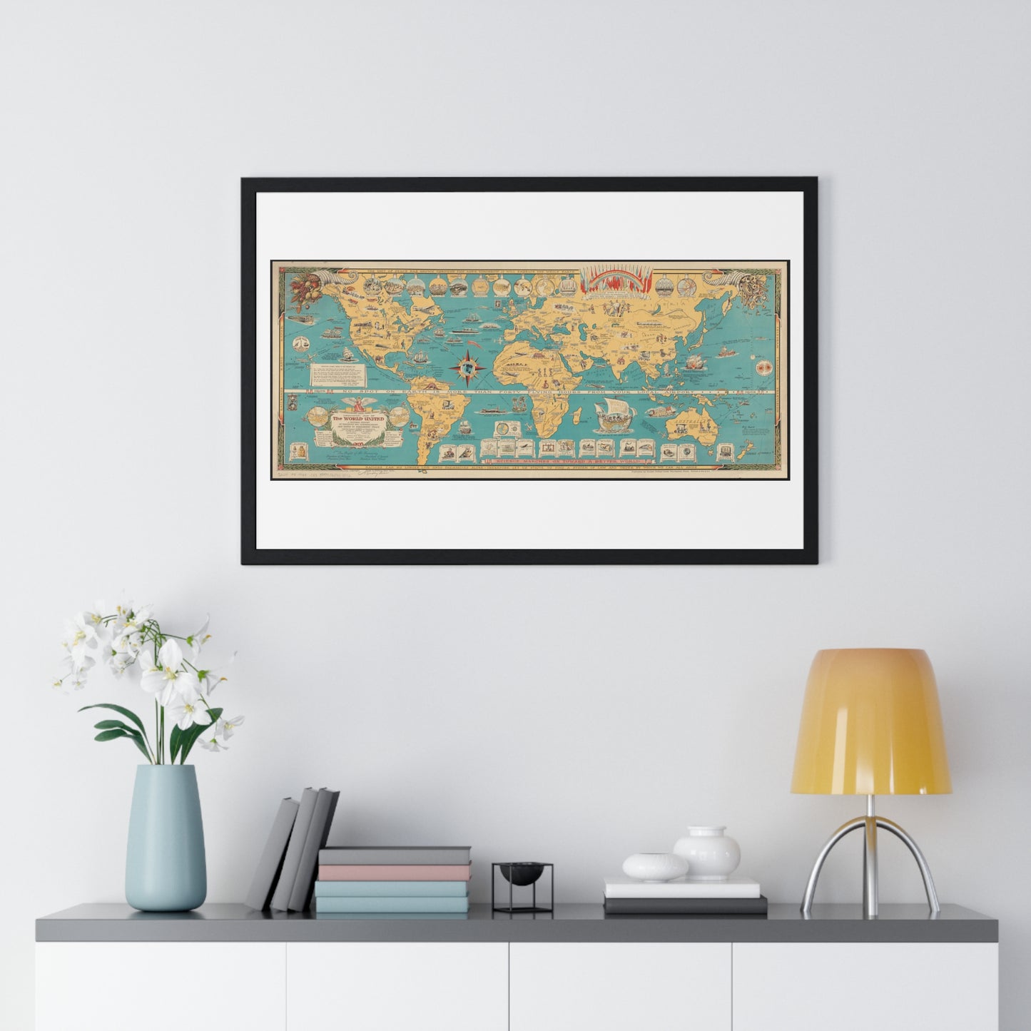 Mercator Map of the World United: A Pictorial History of Transport and Communications and Paths to Permanent Peace (1944), from the Original, Framed Art Print