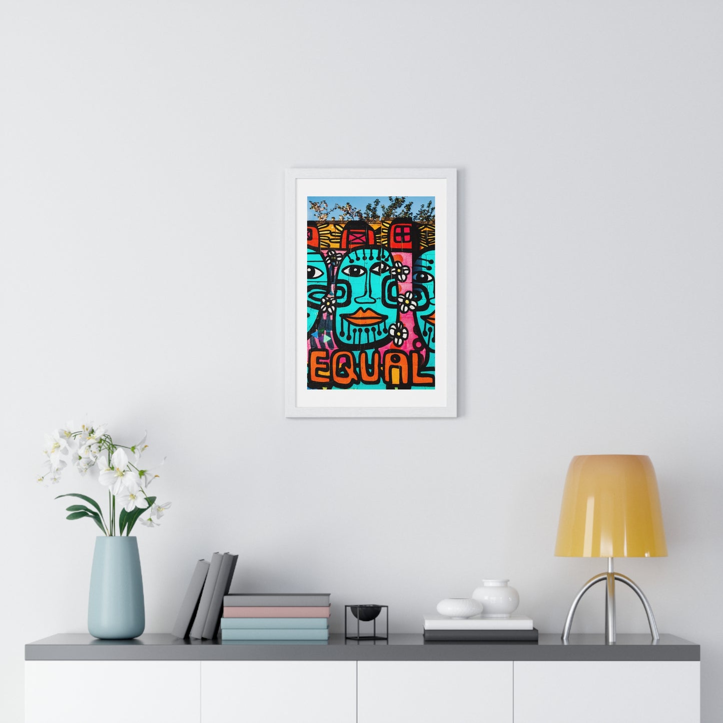 Brightly Coloured Urban Graffiti Mural Artwork, Tribal Faces (2017) Location Unknown, Framed Art Print