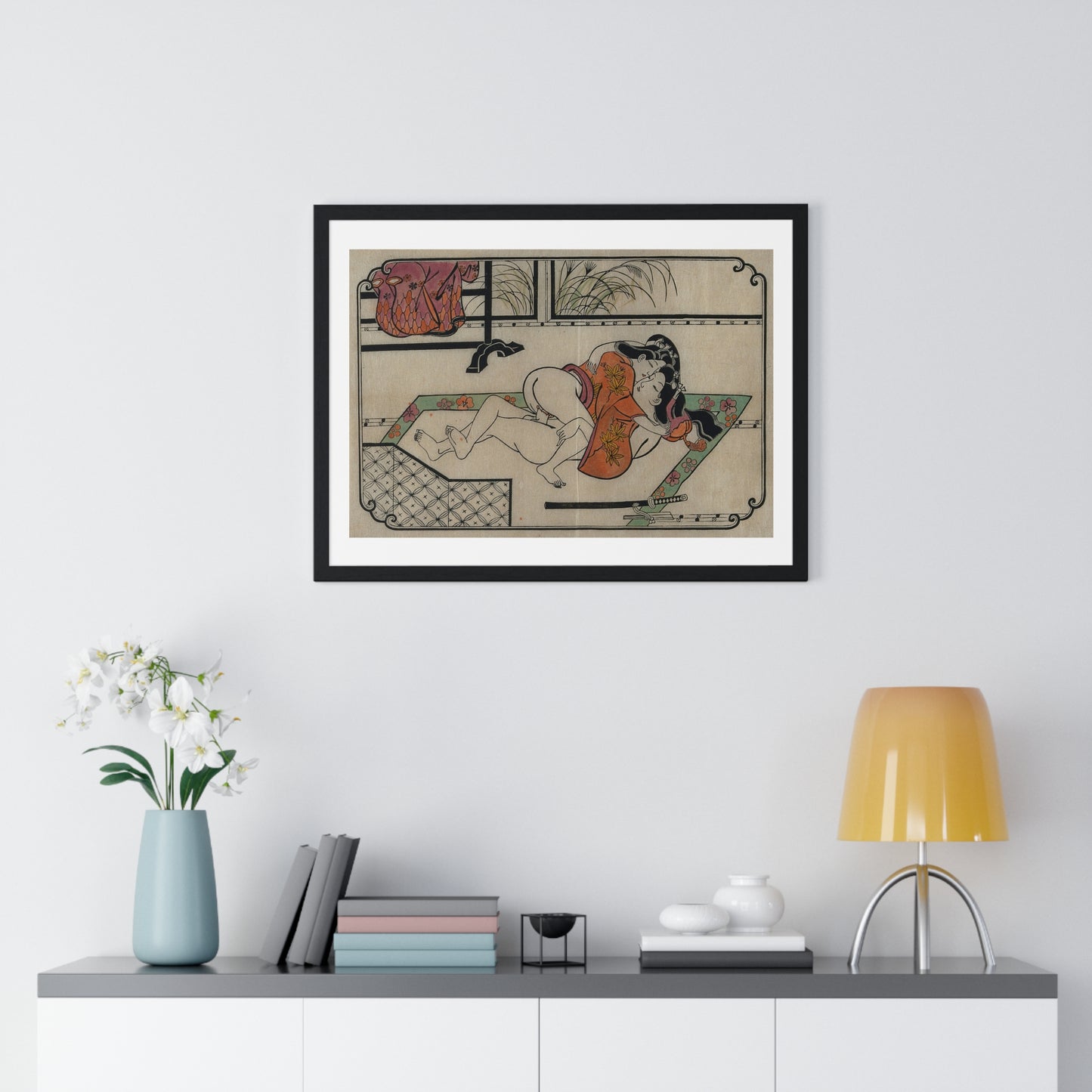 Young Couple Making Love, Coloured Reproduction of a Woodcut by Moronobu (1680s) Framed Art Print