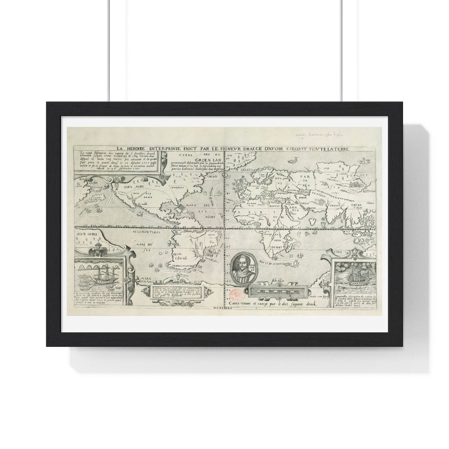 Francis Drake's World Voyage, Tudor Antique Map (circa 1581) from the Original, Framed Print