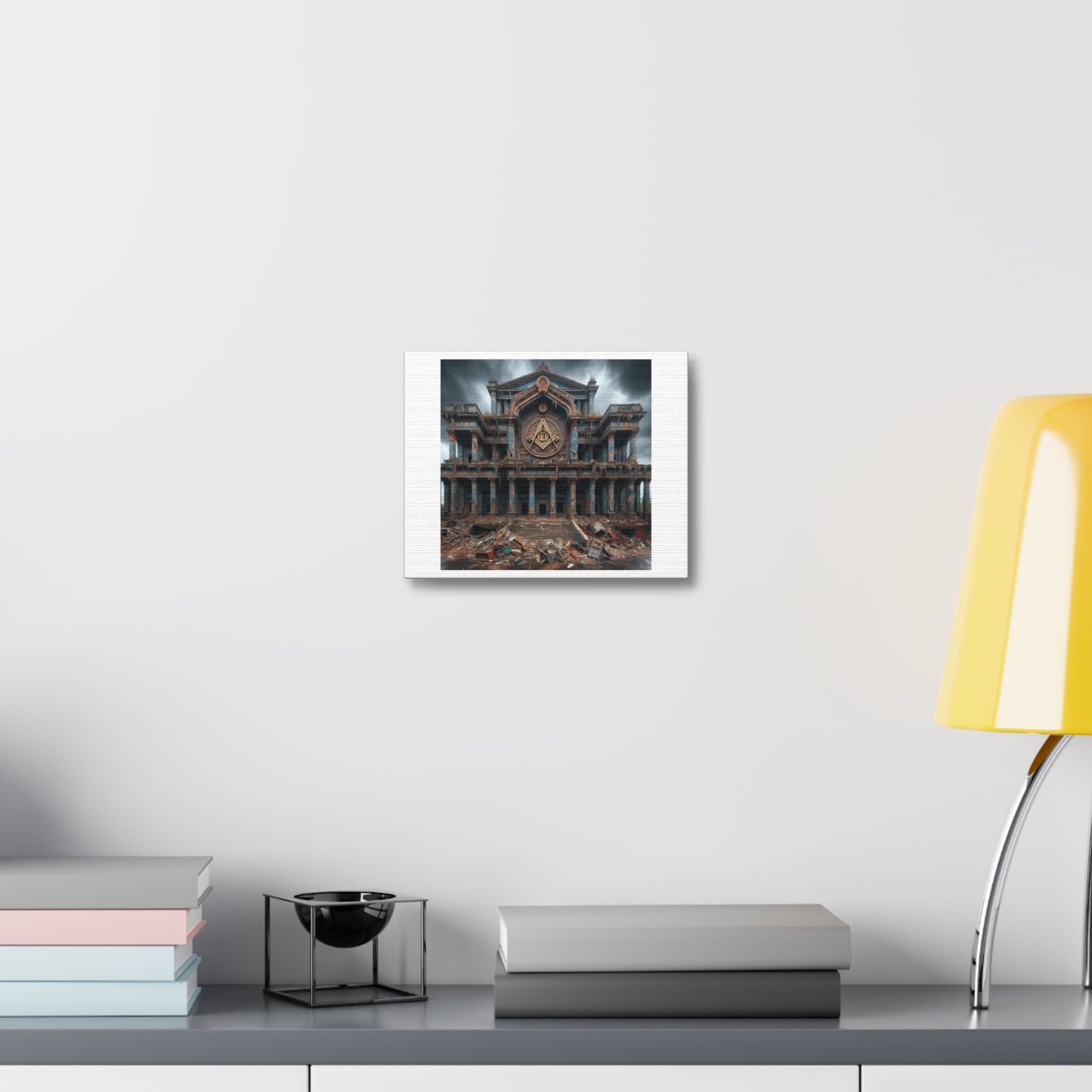 Huge Masonic Hall is Dilapidated and Falling Down, Art Print 'Designed by AI' on Canvas