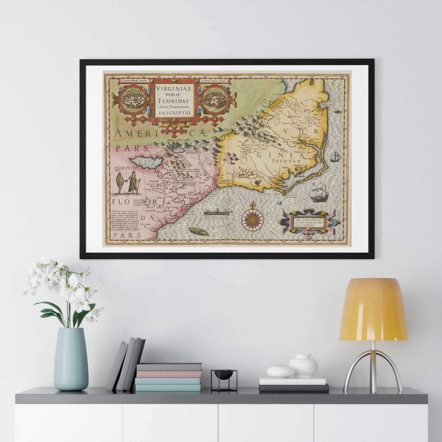 Historic Map of the American South: Virginia Item et Floridae (1606) by Gerardus Mercator and Jocodus Hondius, Framed Print