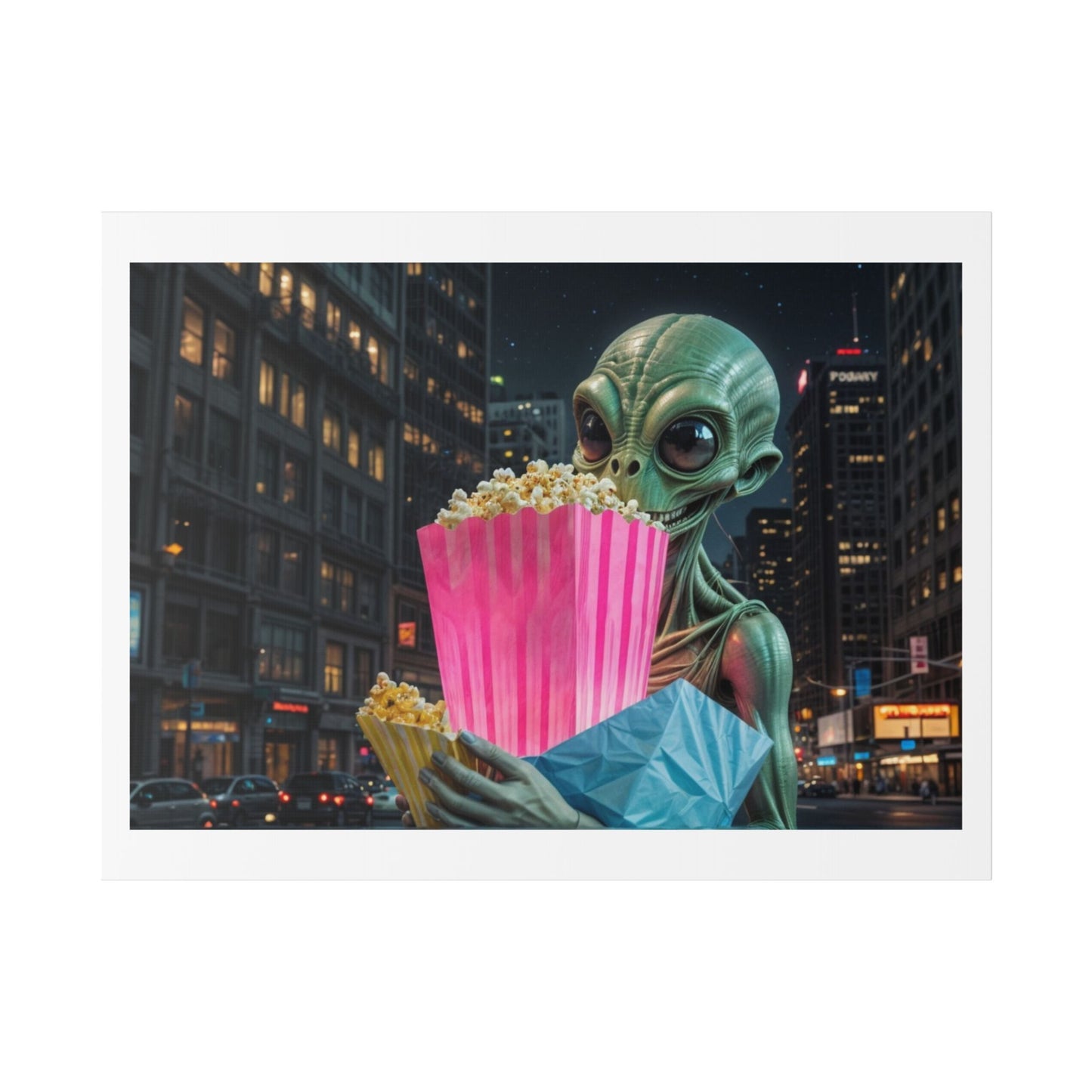 Alien Watching the Planet Earth Show 'Designed by AI' Satin Canvas Art Print