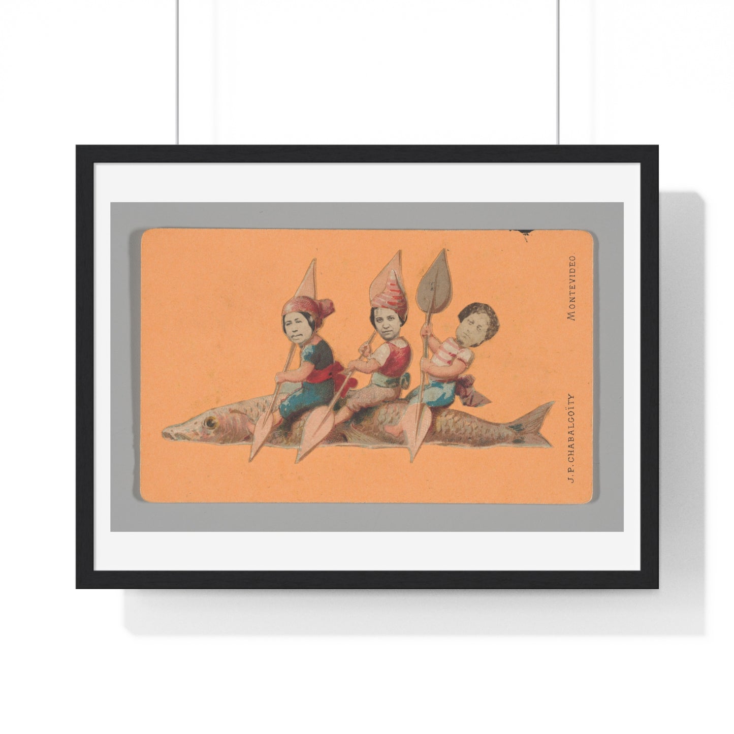 Uruguayan Photo Collage, Three People Holding Oars, Sitting on a Large Fish (circa 1875) Framed Art Print