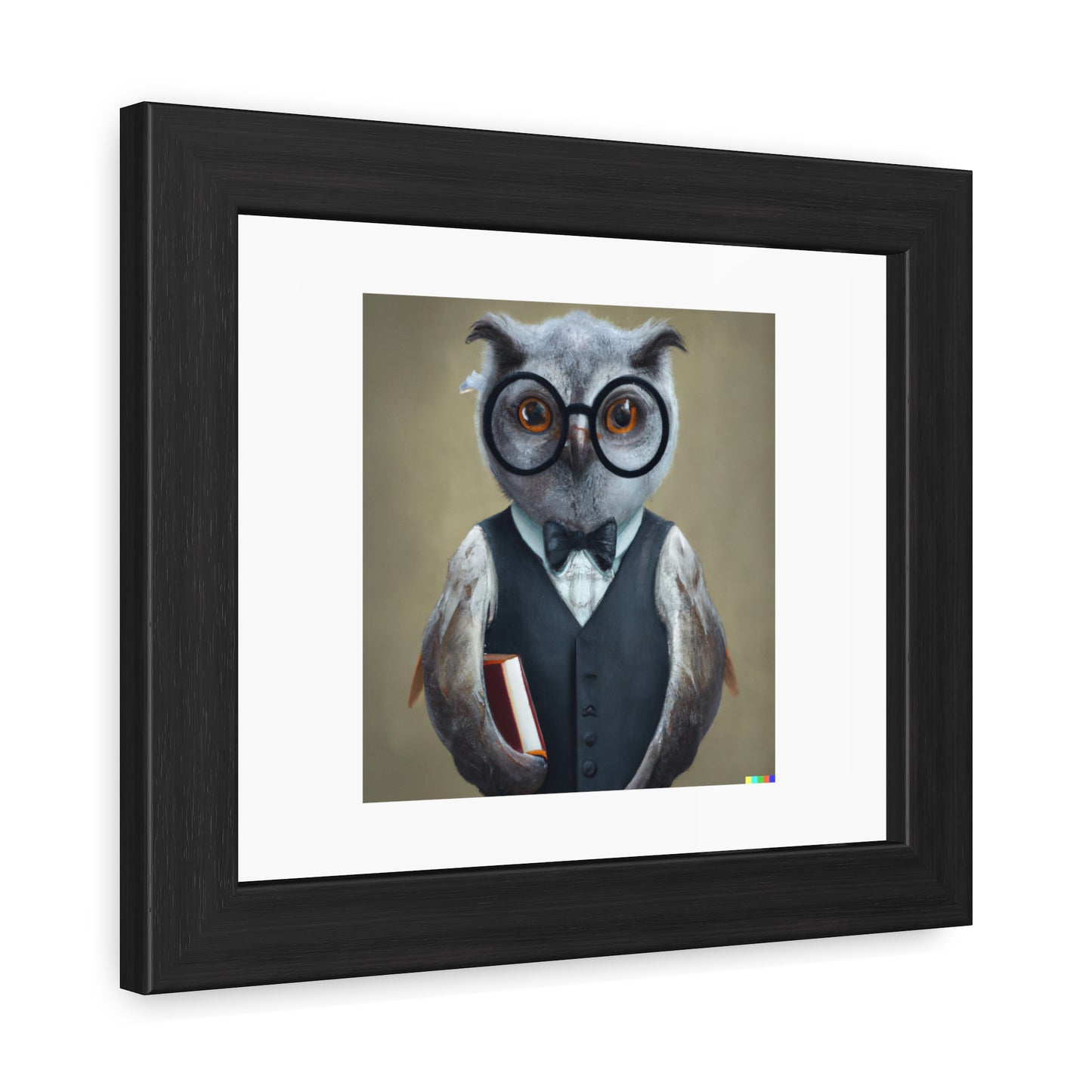 Stern Looking Owl As A Librarian Digital Art 'Designed by AI' Affiche encadrée en bois avec papier mat classique