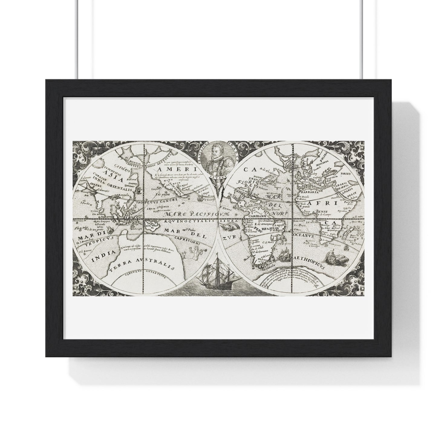 Antique Map from the Grand Voyages to the New World (1596) by Theodor de Bry from the Original, Framed Art Print