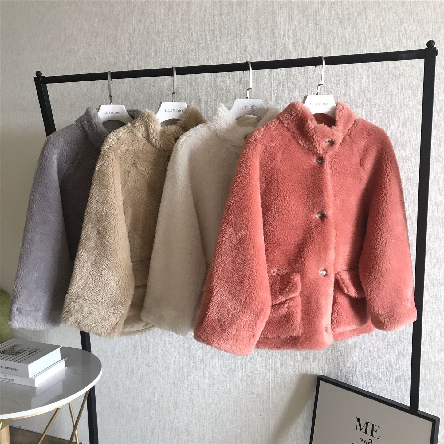 Women's Loose Faux Fur Coat, Lambswool High Collar Jacket