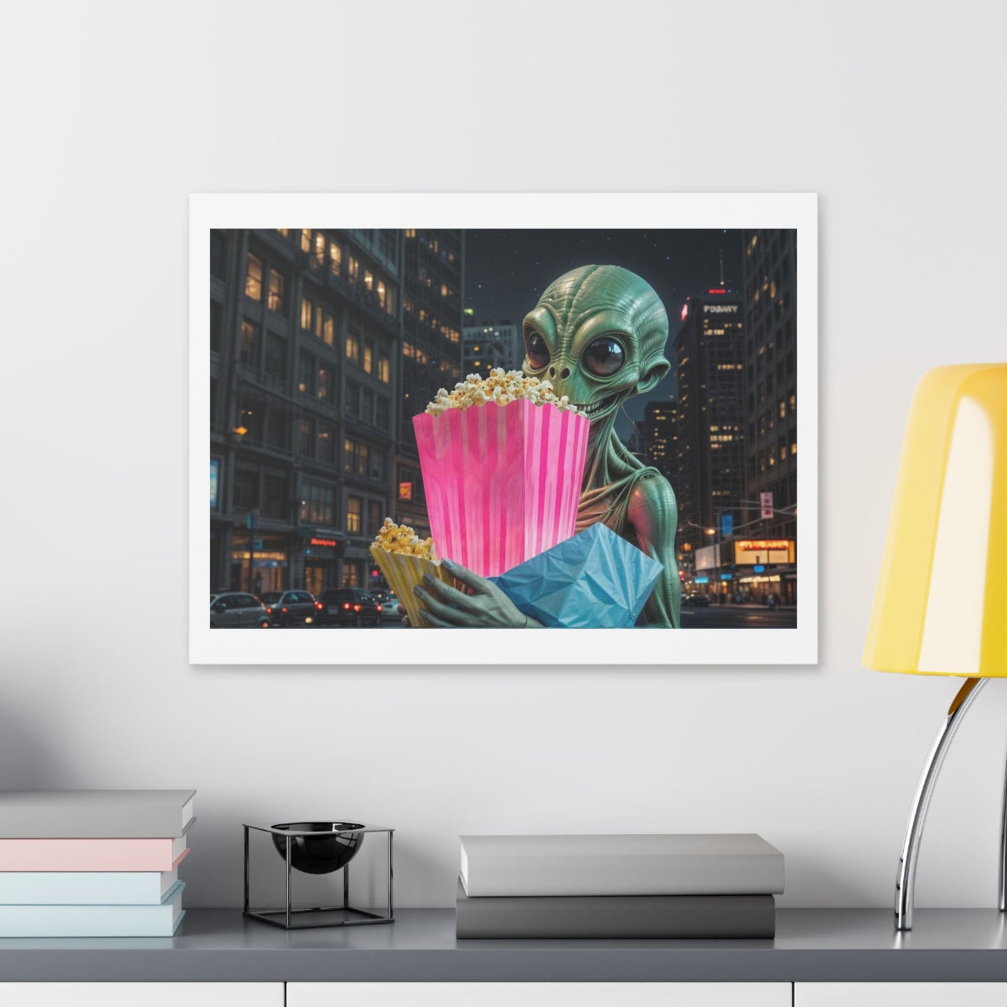 Alien Watching the Planet Earth Show 'Designed by AI' Satin Canvas Art Print