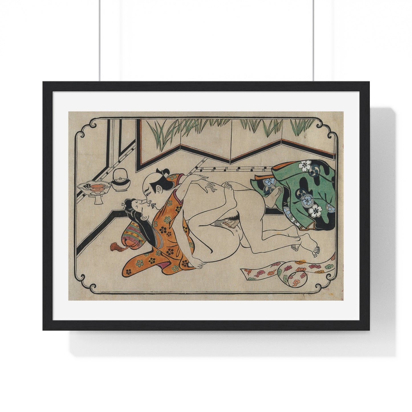 Middle-Aged Couple Making Love, Coloured Reproduction of a Woodcut by Moronobu (1680s) Framed Art Print