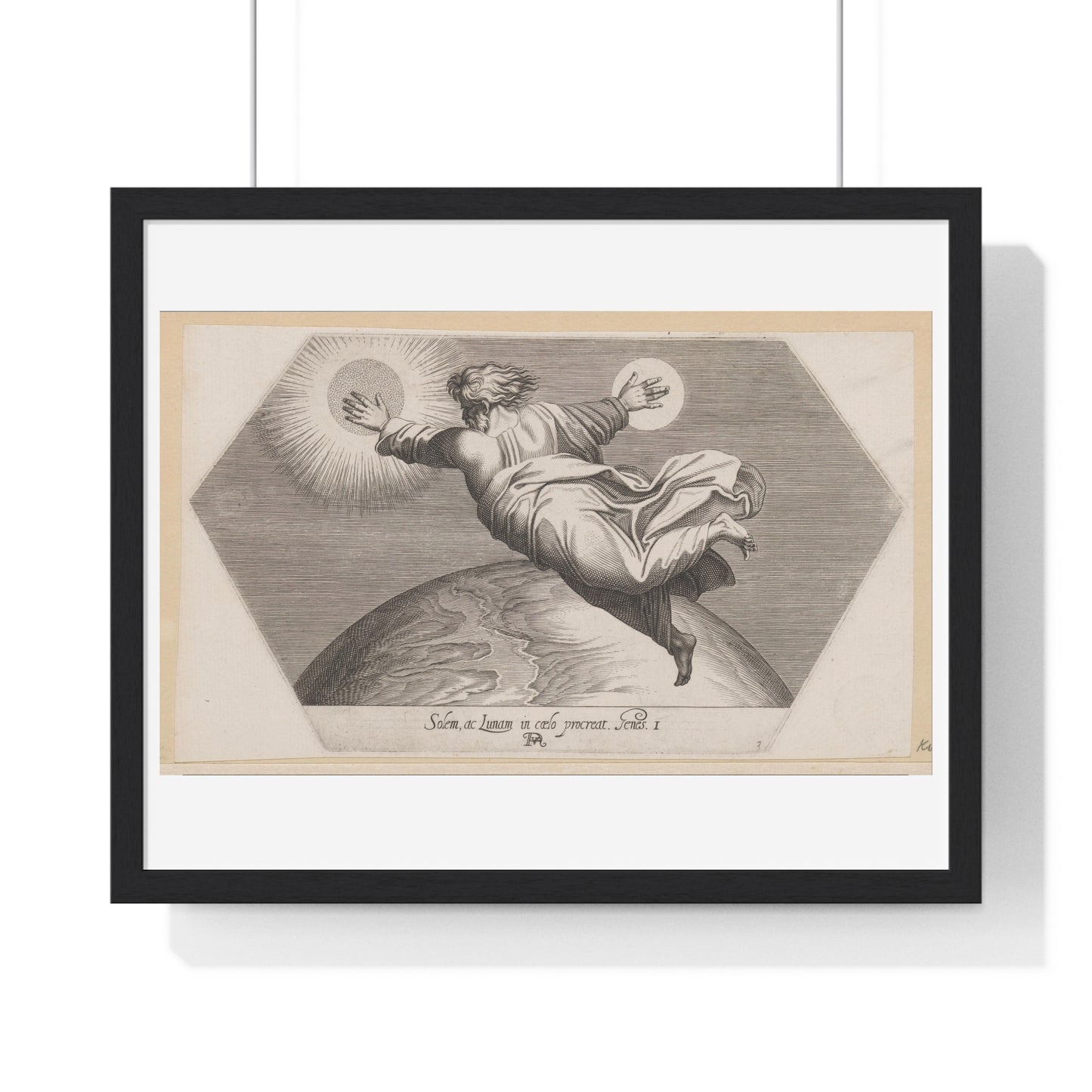 God Schept de Zon en de Maan (1626) by Francesco Villamena and Rafaël, from the Original, Framed Art Print