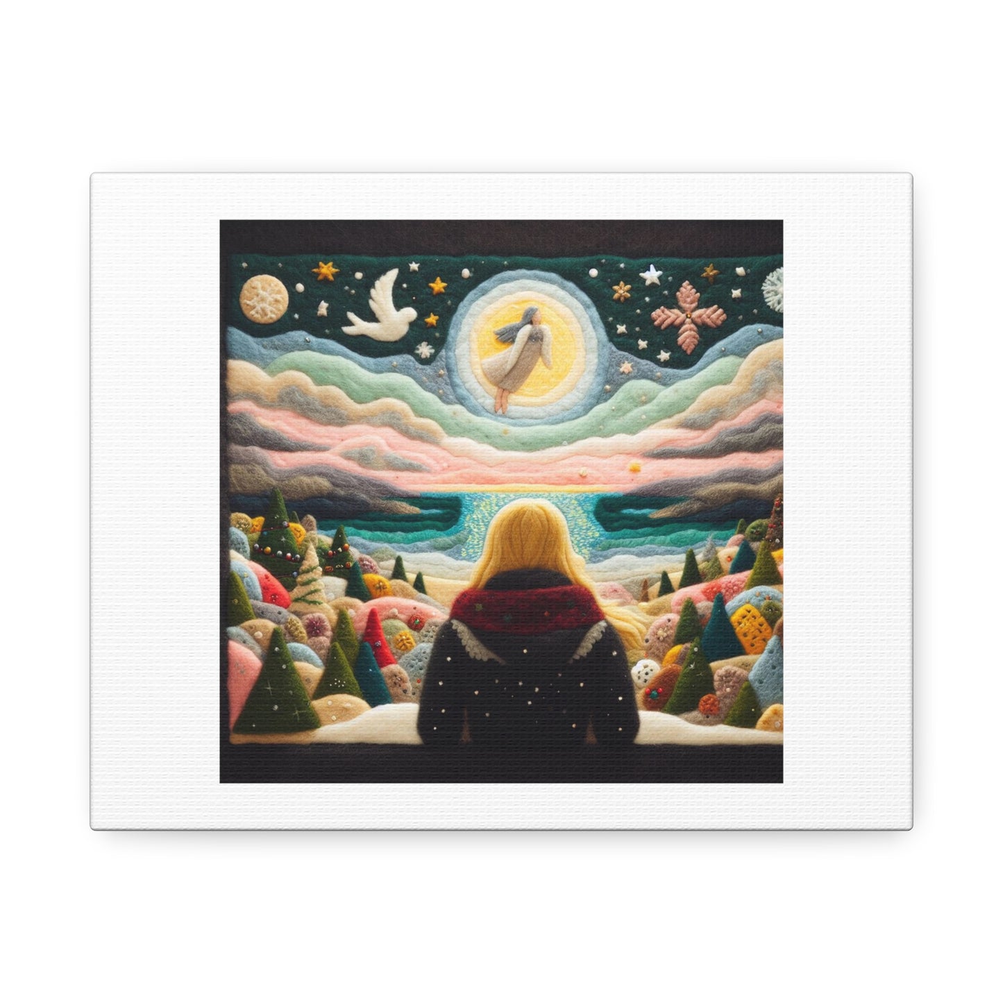 Art Print 'Felt Patchwork Scene of Blonde Woman Looking Out Over The Ocean' Designed by AI on Satin Canvas