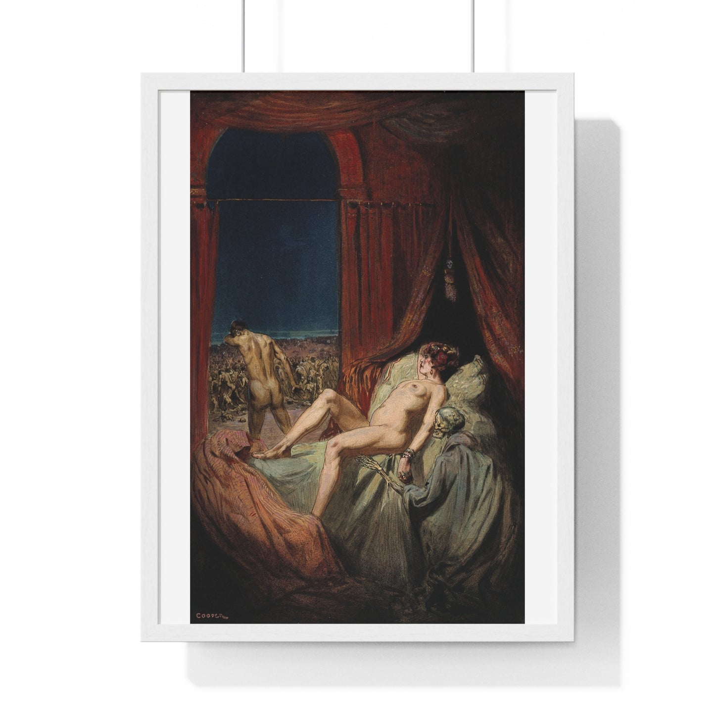 A Provocative Naked Young Woman Lying on a Bed, Death Sits at Her Side Representing Syphilis (1912) Framed Art Print
