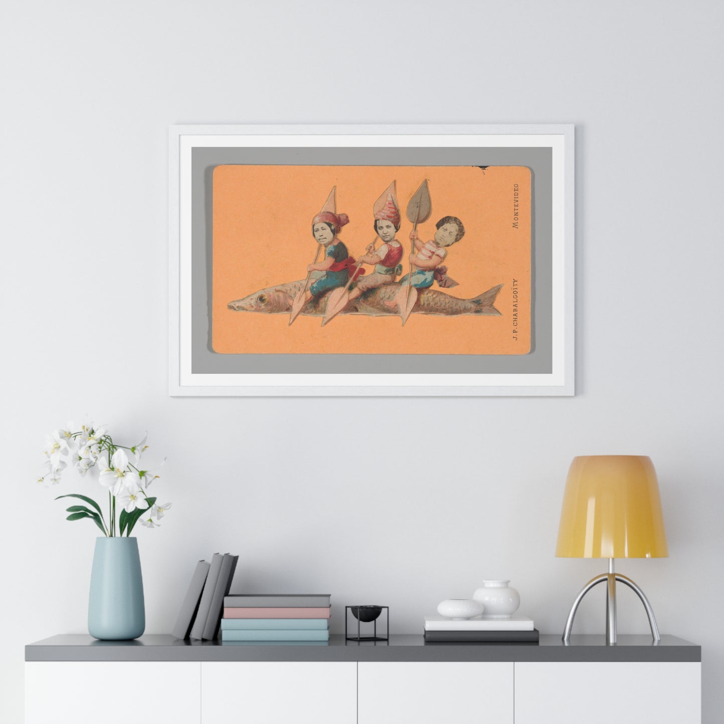 Uruguayan Photo Collage, Three People Holding Oars, Sitting on a Large Fish (circa 1875) Framed Art Print