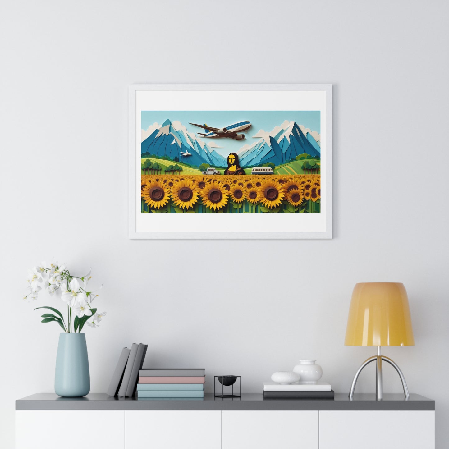 Mona Lisa in a Sunflower Meadow, Abstract Art 'Designed by AI' Framed Print