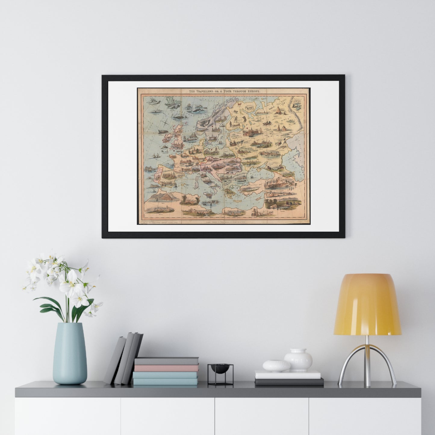 Map of the World 'The Travellers or a Tour Through Europe' (1842) by William Spooner, from the Original, Framed Art Print