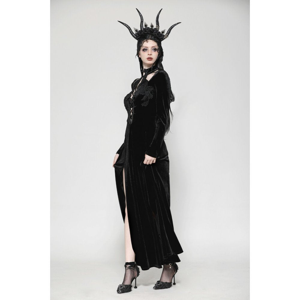 Dark in Love Vera Gothic Velvet High-Slit Maxi Dress with Hollow Neckline, Embroidered Buttons