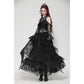 Dark in Love Carys Black Gothic Asymmetrical Lace Off-Shoulder Dress with Rhinestone Detail