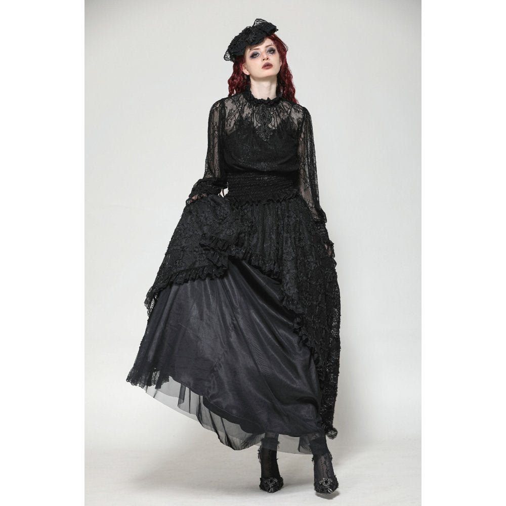 Dark in Love Aoife Black Hollow Lace Elastic Pleated-Waist Eyelash Lace Cuff Top