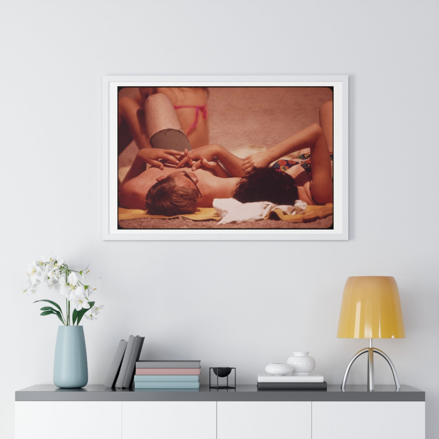 Sunning on the Lake Shore ( 1972) Vintage Photography by Charles O'Rear, Framed Print