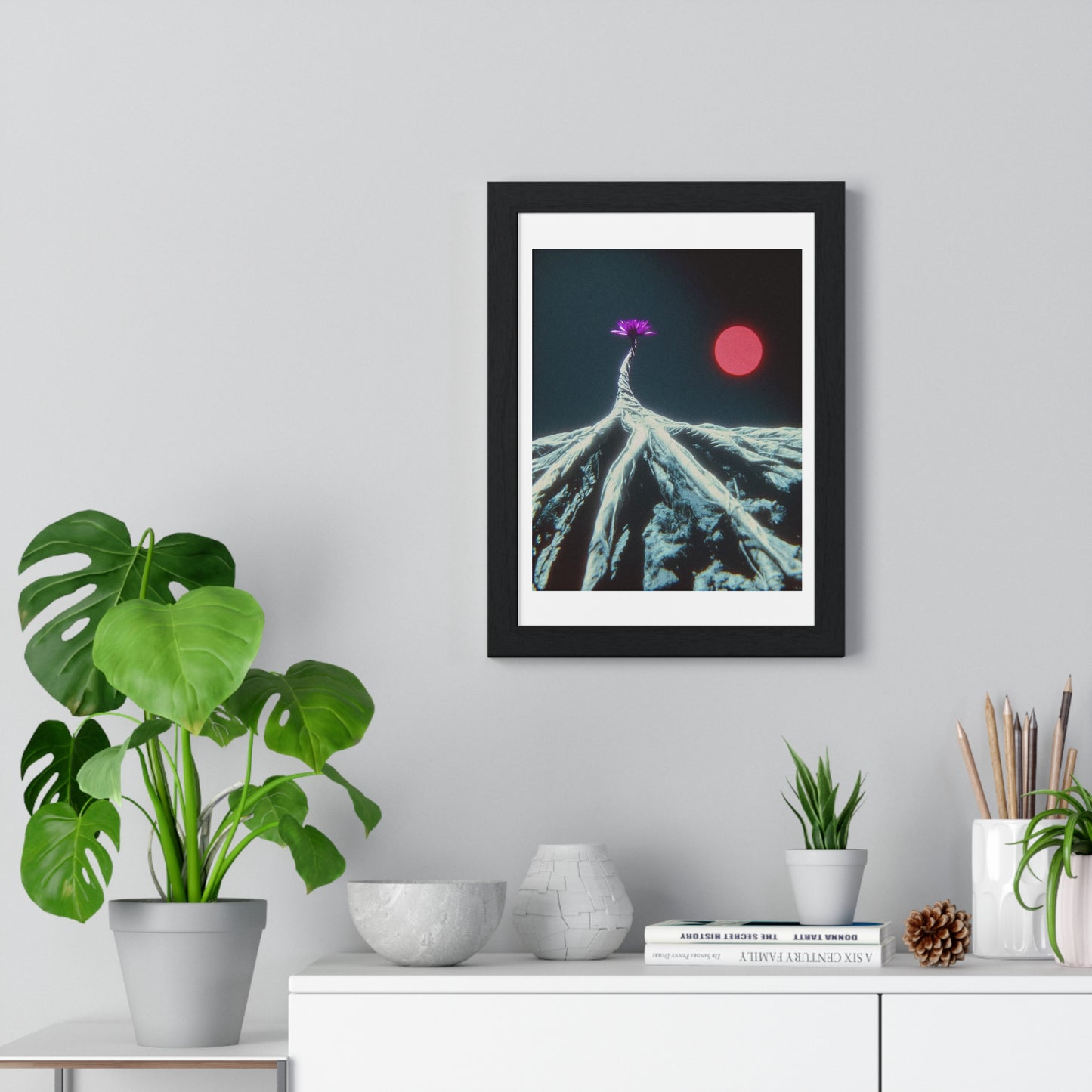 One Purple Flower Growing From Frozen Tundra Against a Red Sun 'Designed by AI' Framed Art Print