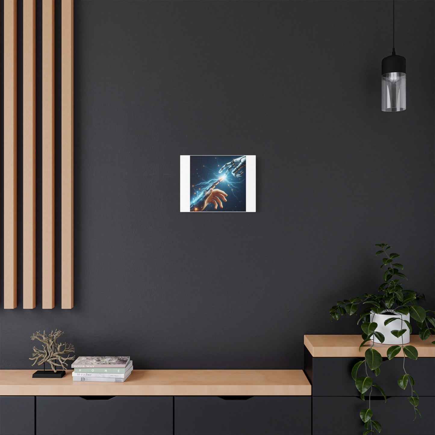 Robot and Human in Michelangelo's 'Creation of Adam' III, Art Print 'Designed by AI' on Canvas