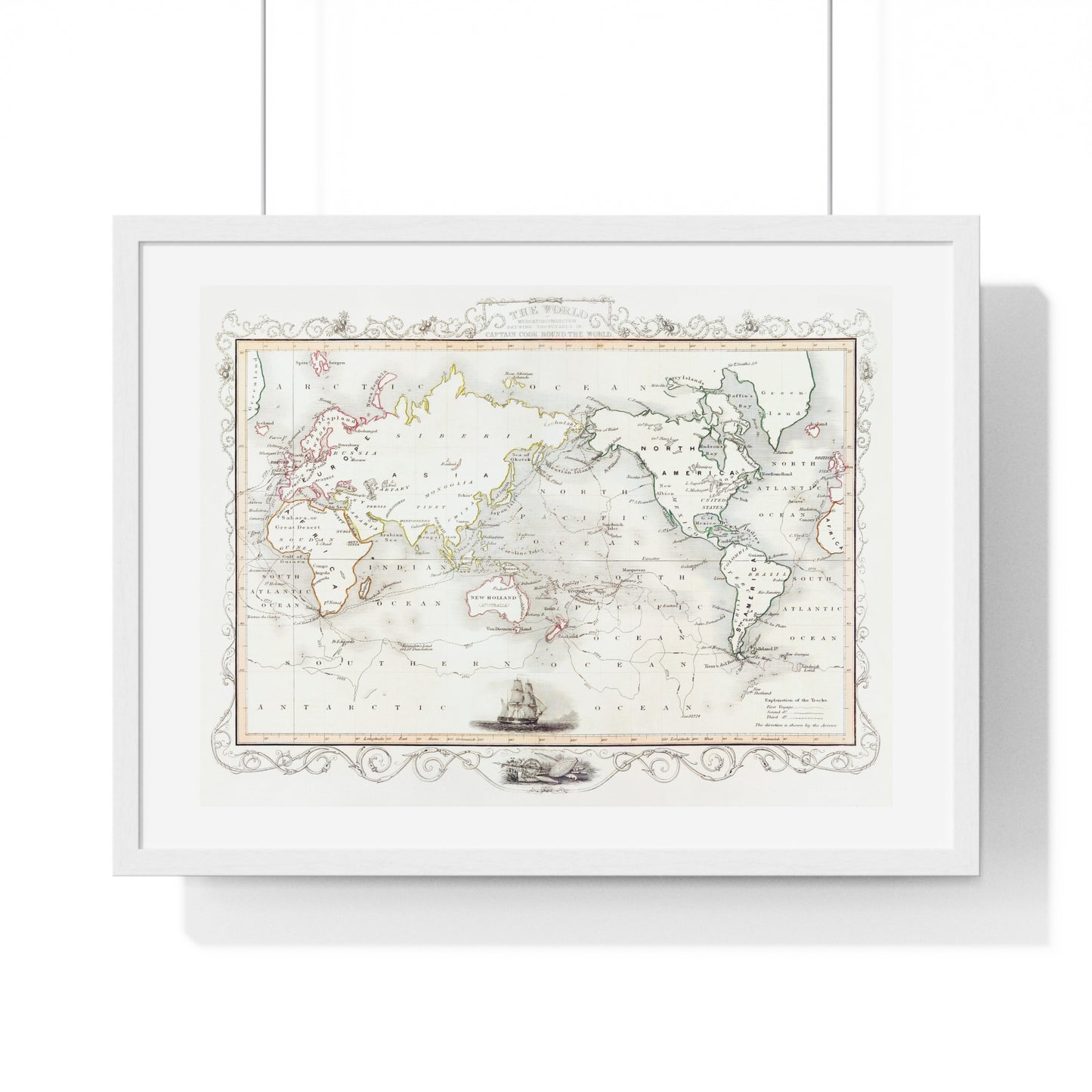 Vintage Map, the Voyages of Captain James Cook (1852) by James Cook, from the Original, Framed Print