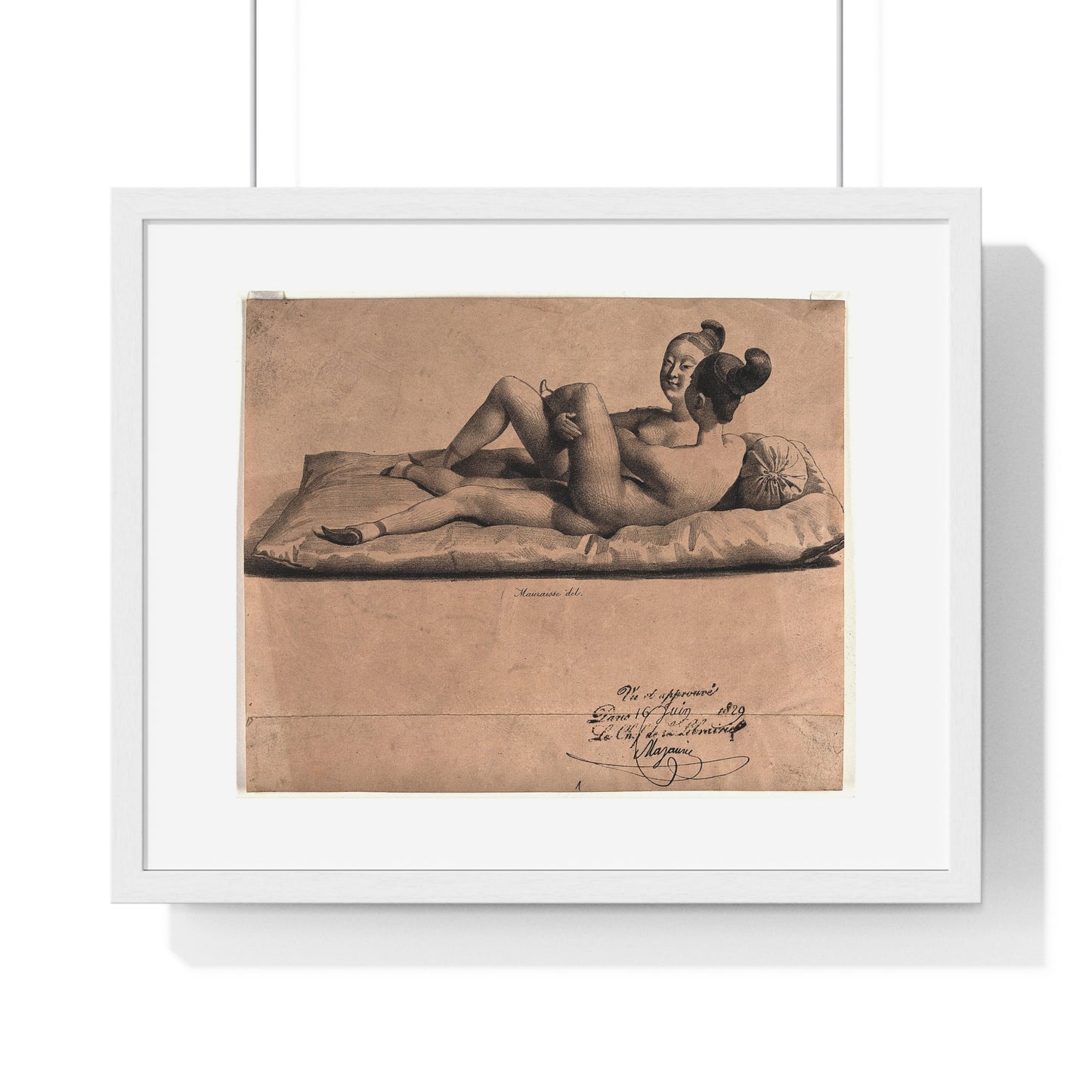 Two Chinese Girls with Bound Feet are Making Love on a Mattress (1829) Lithograph by Jean-Baptiste Mauzaisse, Framed Print