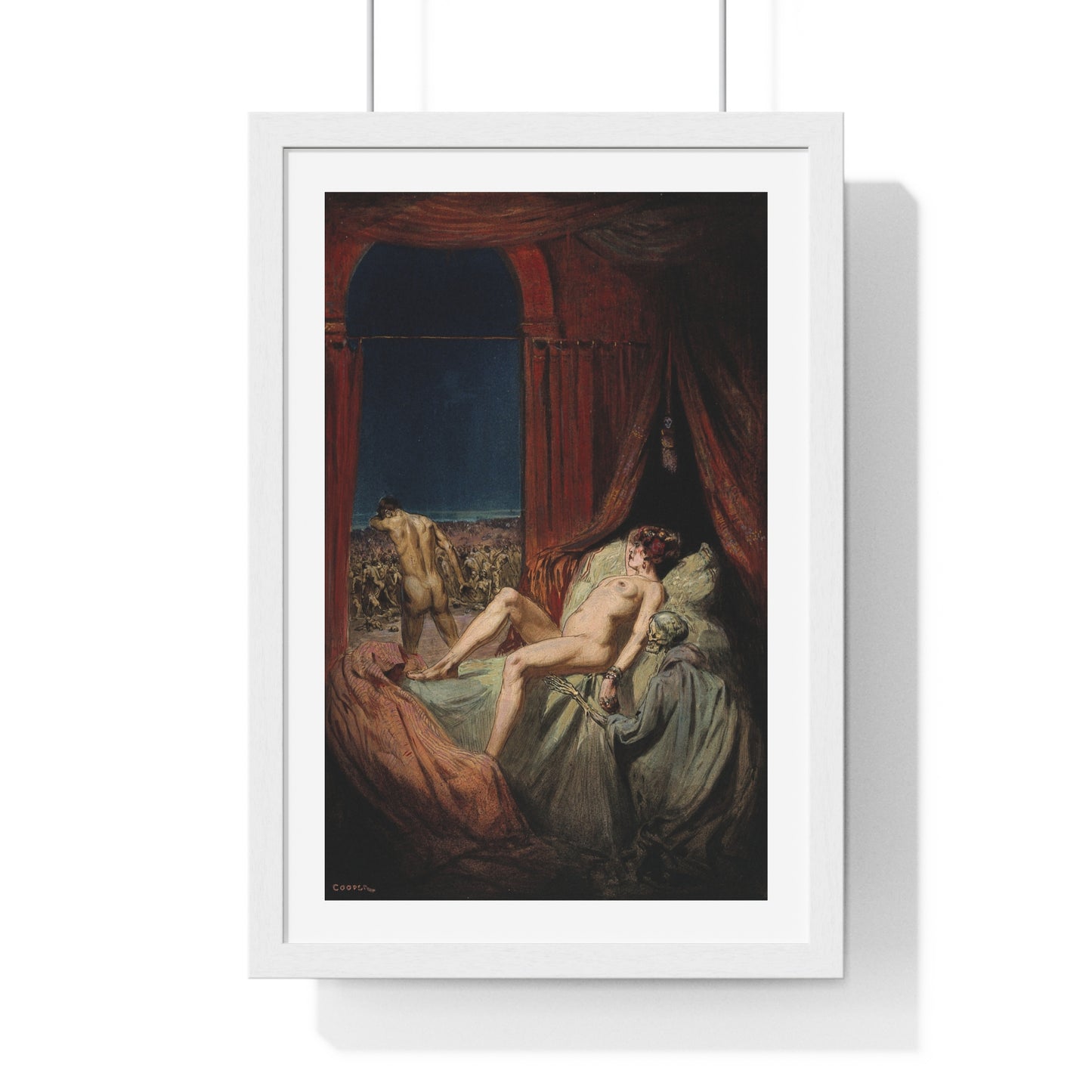 A Provocative Naked Young Woman Lying on a Bed, Death Sits at Her Side Representing Syphilis (1912) Framed Art Print