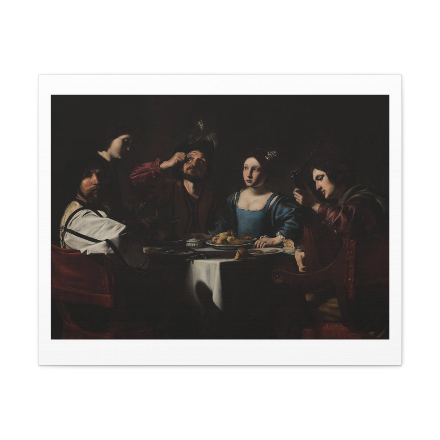 Banquet Scene with a Lute Player (1625) by Nicolas Tournier, from the Original on Satin Canvas